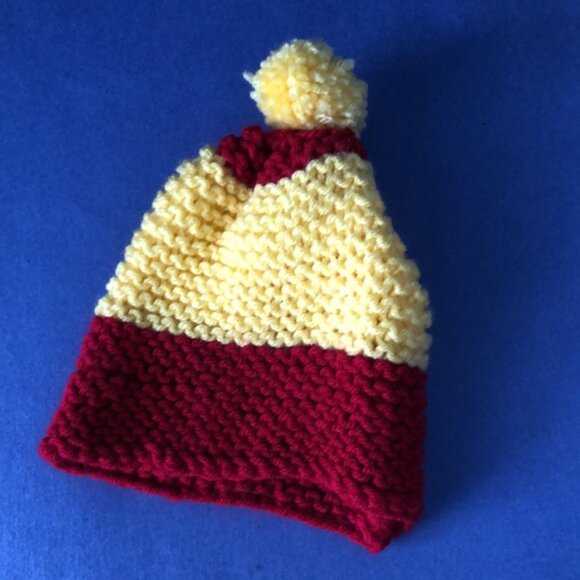 NWOT Vintage Hand-Knitted Made-in-Canada Burgundy & Yellow Beanie with Pom Pom