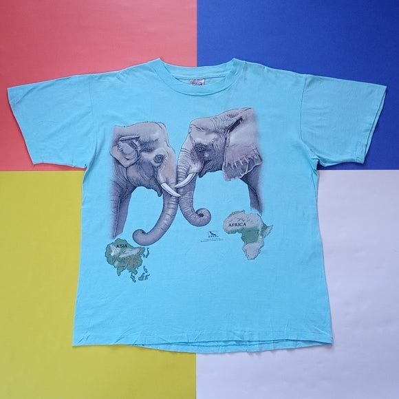 Vintage 1992 Asia & African Elephants Unit Big Print Single Stitch T-Shirt Doubl