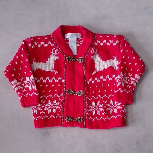 VINTAGE Standard Blues Baby Red Knit Kids Cardigan with White Pattern