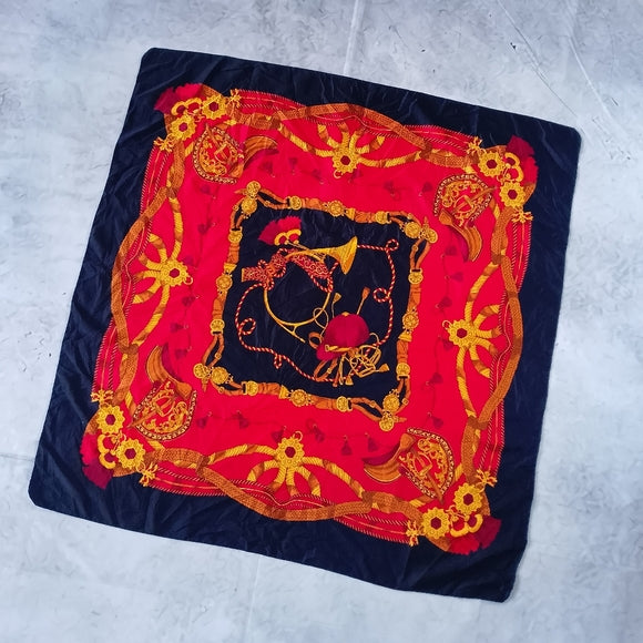 Vintage Luxury Equestrian Silk Scarf Saddle Tassels Horse Riding Print Red Black