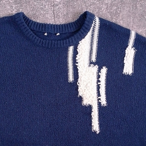 VINTAGE BIG PUFFY ARMS Navy Blue Sweater with White Accents