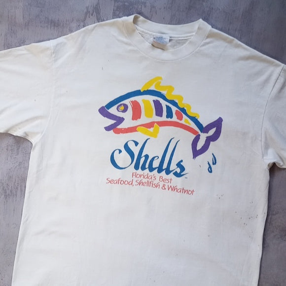Vintage 90s Shell's Florida's Best Seafood Graphic Single Stitch T-Shirt