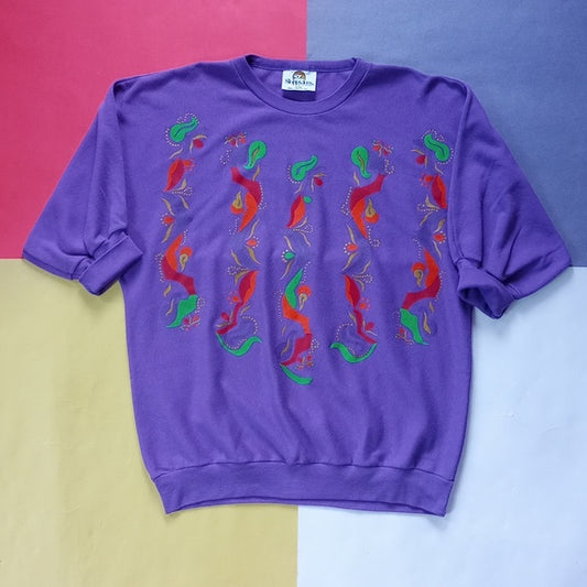 Vintage 90s Purple Floral Flower Funk Design Sloppy Joes Half Sweater Unisex