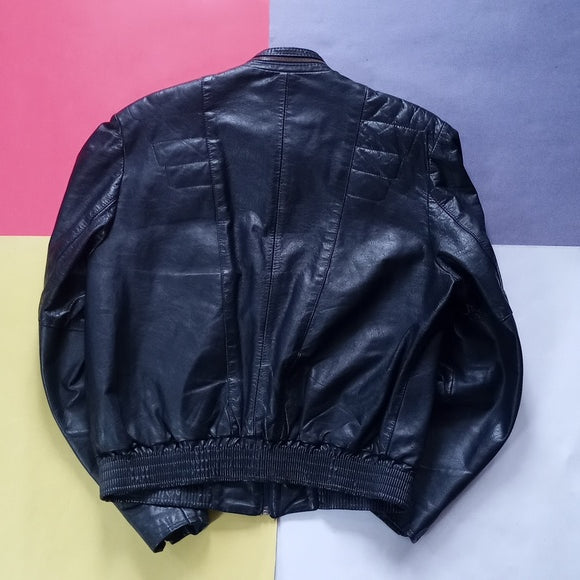 Vintage 80s Motorcycle Style Leather Jacket Navy Blue