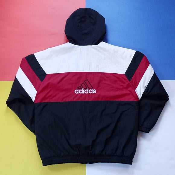 Vintage 90s Adidas Essential Striped Winter Jacket With Hood RED/White/BLACK