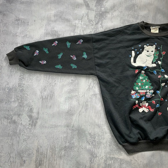 Vintage Ugly Christmas Sweater With Cat and Teddy Bear UNISEX