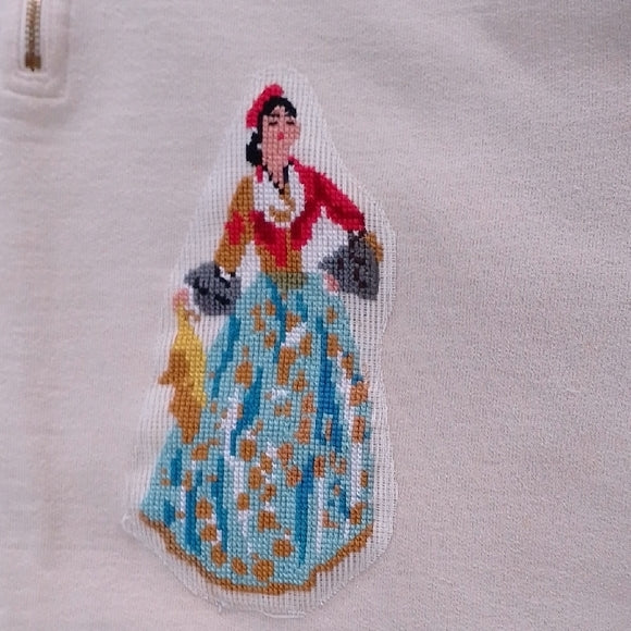 Vintage Upcycled Cream Quarter-Zip Sweatshirt with Egypt Lady Embroidered Design