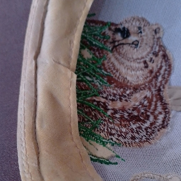 Vintage Bear In Grass Embroidered Cap - Brown and Tan