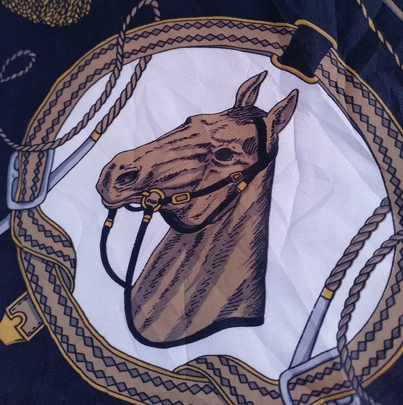 Vintage Equestrian Silk Scarf Horses & Harness Print Gold Red Black Brown 30”