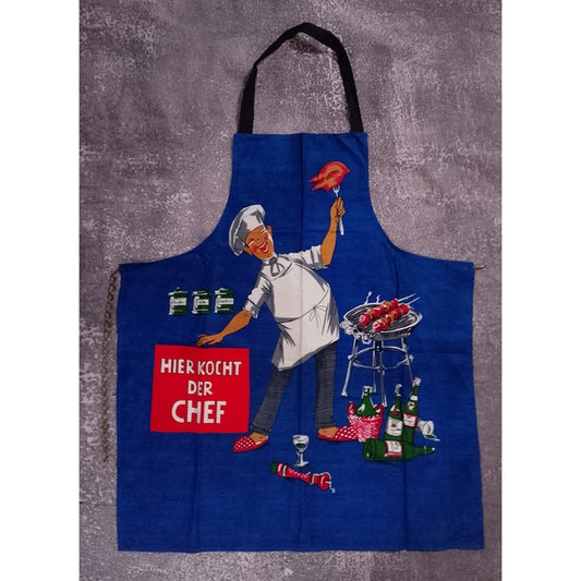 Vintage Novelty Print Blue Chef Apron "HIER KOCHT DER CHEF"
