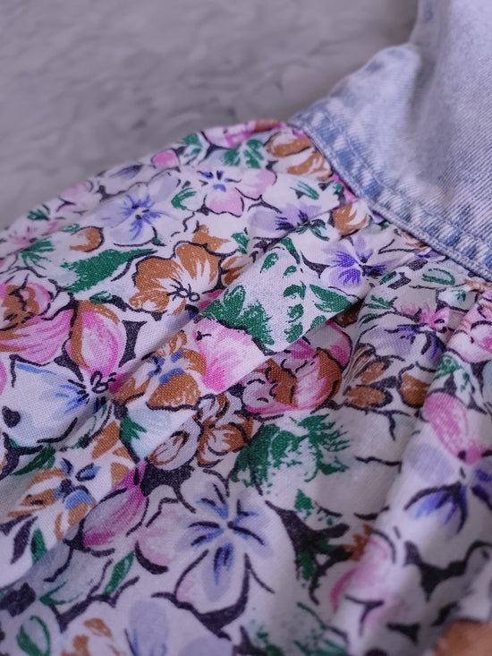 Vintage 80s 90s Acid Wash  Floral Ruffle Mini Short Dress