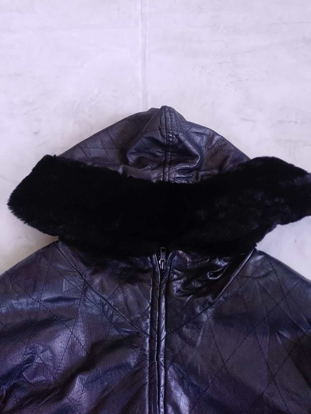 DANIER Black Leather Hooded Jacket with Faux Fur Trim