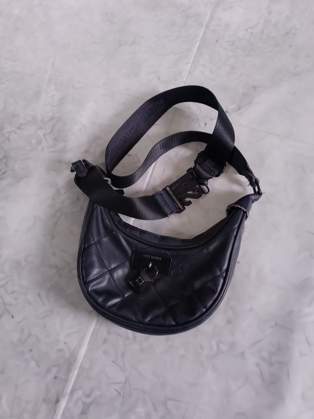 Steve Madden Faux Leather Quilted Black Crossbody Bag with Strap and Lock Accent