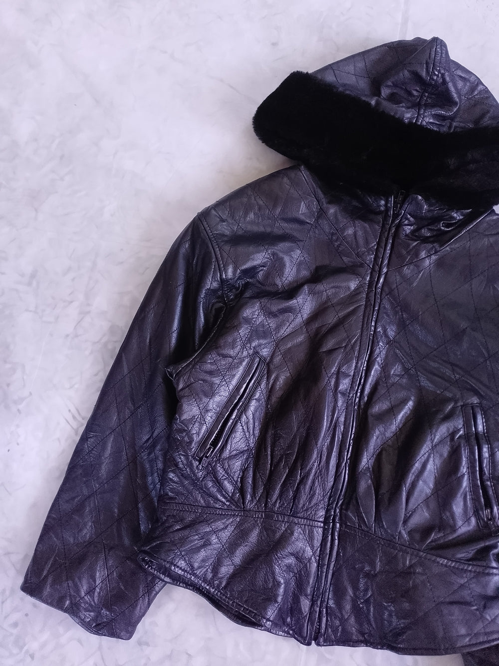 DANIER Black Leather Hooded Jacket with Faux Fur Trim