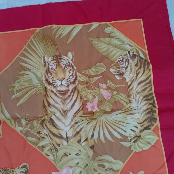 Vintage Salvatore Ferragamo Tiger & Leopard Print Silk Scarf Red Orange Yellow