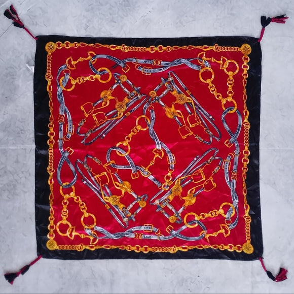 Equestrian Harness Square Scarf Red Black Gold, Horse Print Neckerchief Bandana