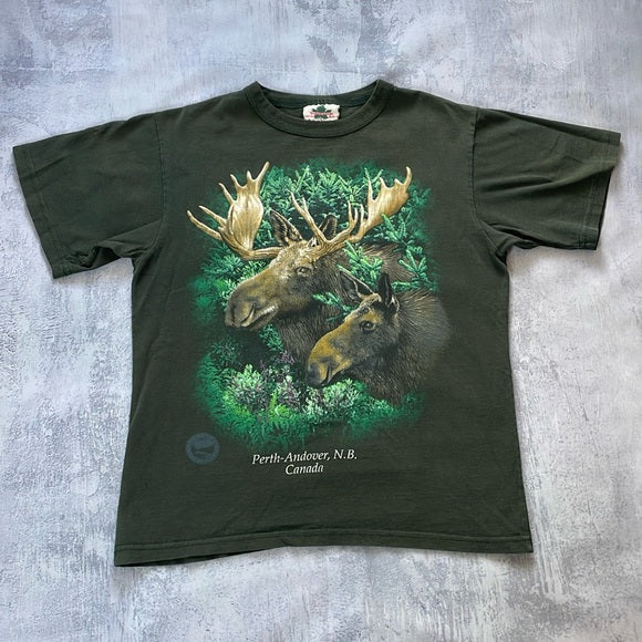 Vintage 90s Moose Big Print All Over Perth N.B. Canada T-Shirt