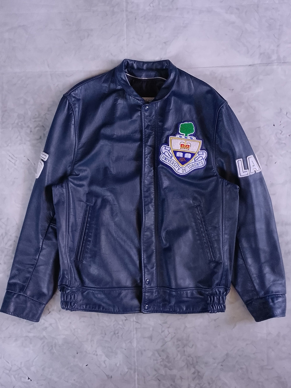 Vintage 1980s University of Toronto Navy Leather Jacket LANGUAGE DEPT LETTERMAN