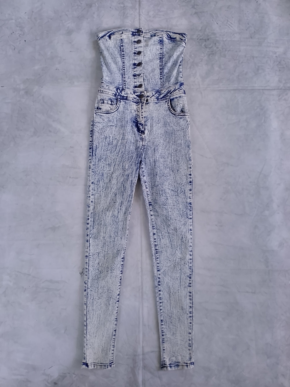 High-Waist Acid Wash Strapless Jeans Jumpsuit Light Blue GJG DENIM USA MADE