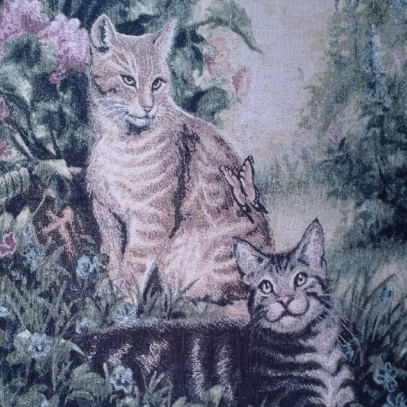 VINTAGE 1996 Floral Cat Tapestry with Tan and Gray Cats PICKEN