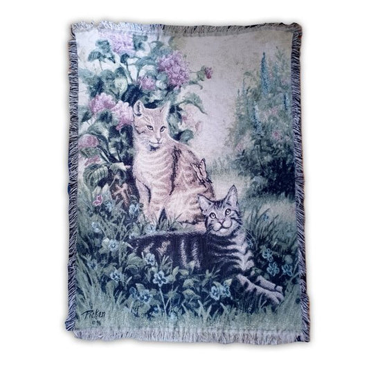 VINTAGE 1996 Floral Cat Tapestry with Tan and Gray Cats PICKEN