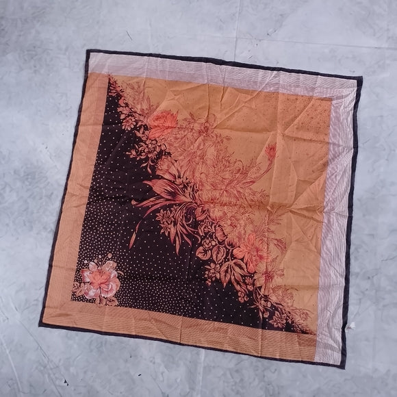 Vintage Floral Silk Scarf Hand Rolled Brown Yellow Orange Black 28in Made in China