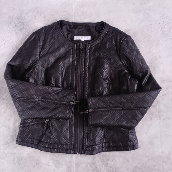 Quilted Faux Leather Jacket - Black - CLEO