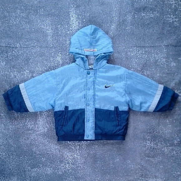 VINTAGE 90s NIKE Kids Light Blue and Navy Puffer Jacket BIG LOGO