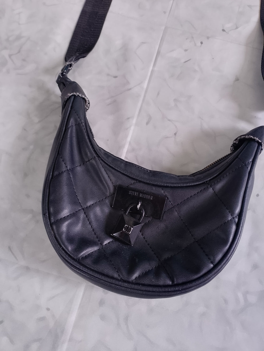 Steve Madden Faux Leather Quilted Black Crossbody Bag with Strap and Lock Accent