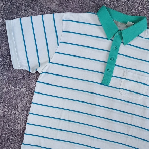 Vintage 90s White Polo Shirt with Teal Stripes and Short Sleeves