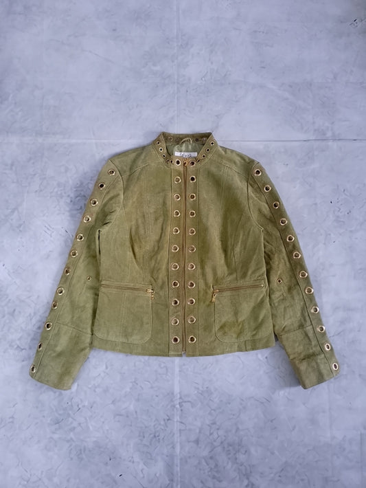 Aria Olive Green Suede Jacket with Gold Grommets