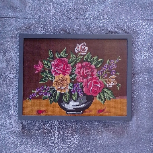 Vintage Floral Needlepoint Art in Frame