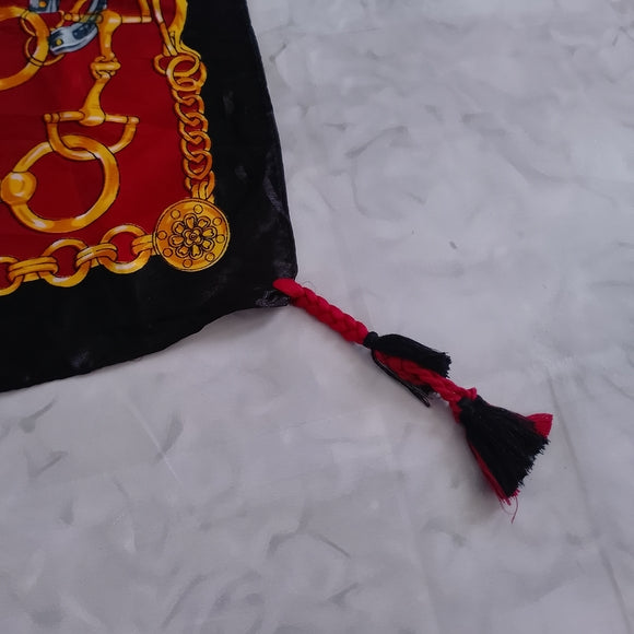 Equestrian Harness Square Scarf Red Black Gold, Horse Print Neckerchief Bandana