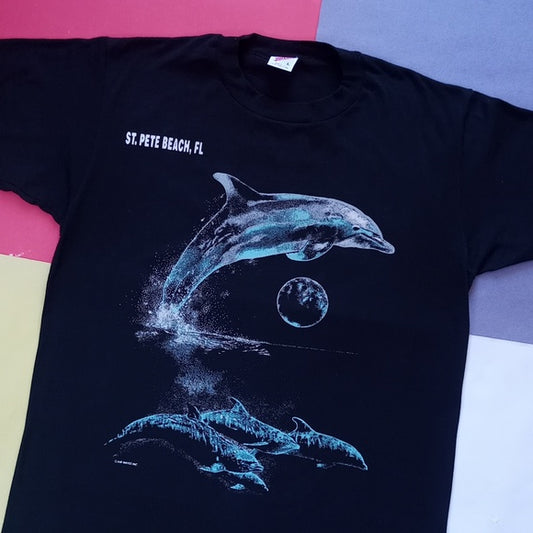 Vintage 90s Dolphins Swimming At Nighttime with Moon Single Stitch T-Shirt