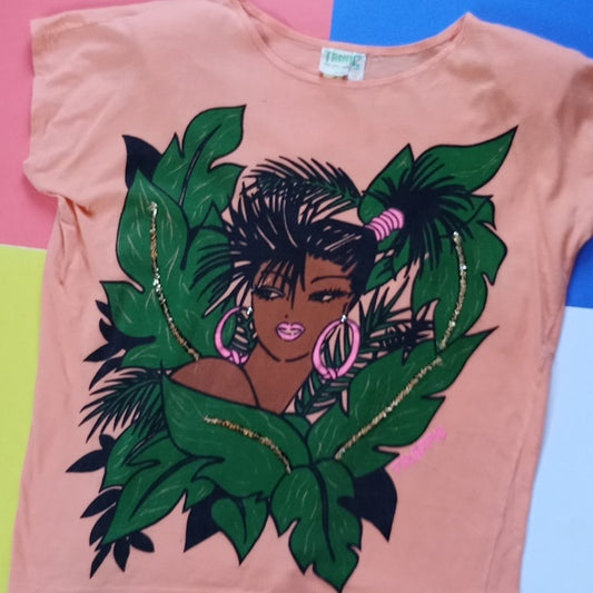 Vintage 90s Women In Jungle Leaves Traffic Graphic Print T-Shirt