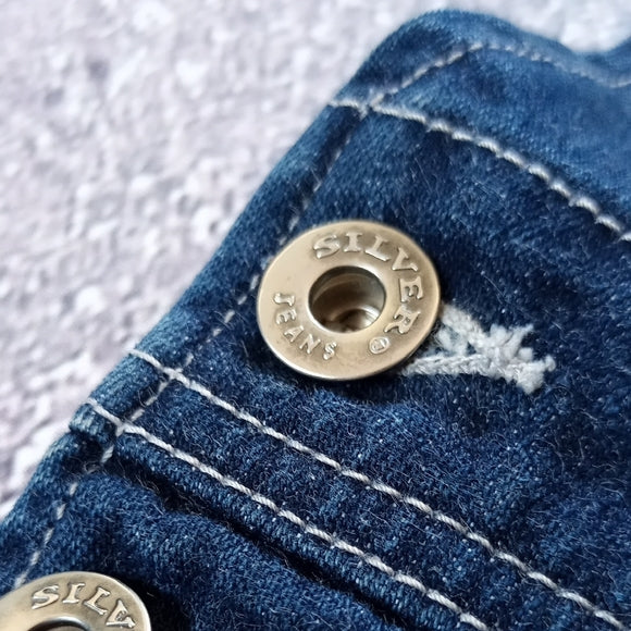 VINTAGE 90s SILVER JEANS DENIM FLARED OVERALLS BIB