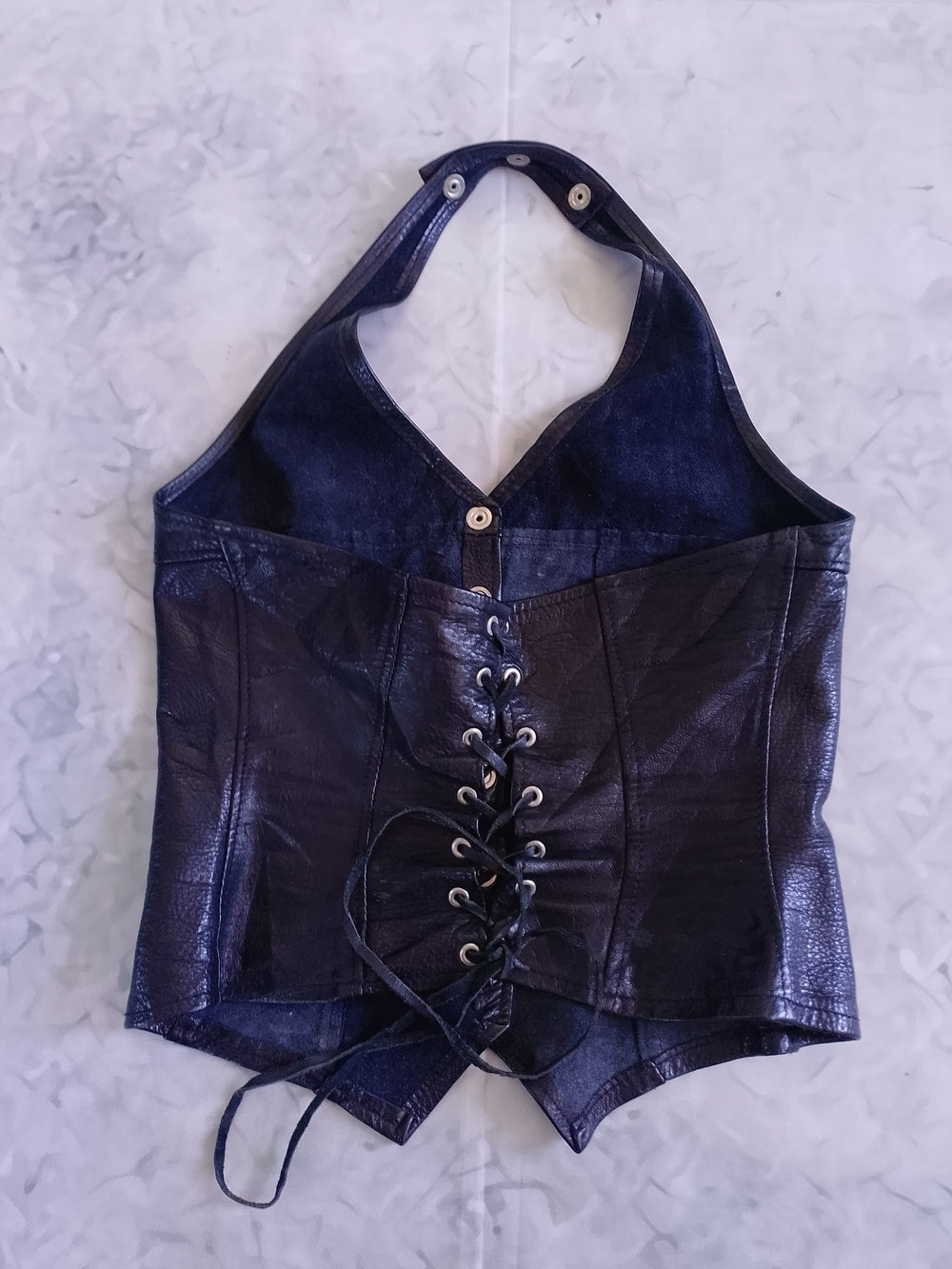 Vintage CUSTOM ELAINA for ON THE FRINGE Black Leather Halter Vest