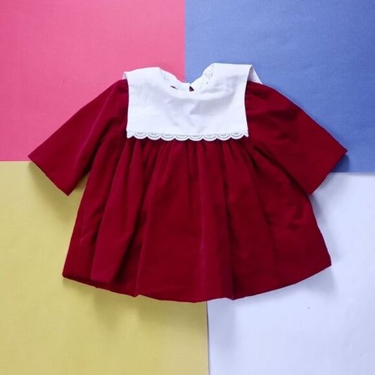 Vintage Girls Handmade Fancy Red Velvet Dress with White Accented Neck