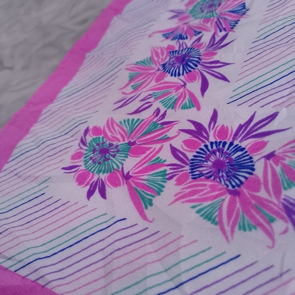 Vintage Floral Silk Scarf Purple White Square Scarf 26” Retro Neck Head Scarf