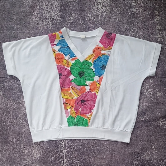 VINTAGE 90s Floral V-Neck Women's Top - White with Multicolor Accents