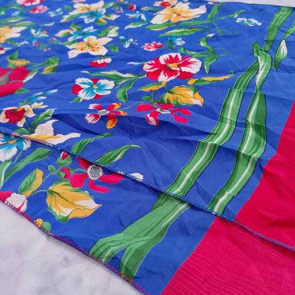Vintage Floral Blue & Red Silk Scarf 44 x 13