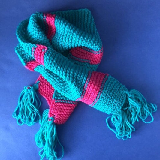 NWOT Vintage Hand-Knitted Made-in-Canada Colourful Teal & Pink Warm Scarf
