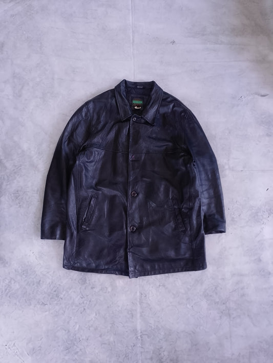 Vintage 90s Men's Black Leather Button-Front Coat Classic Style