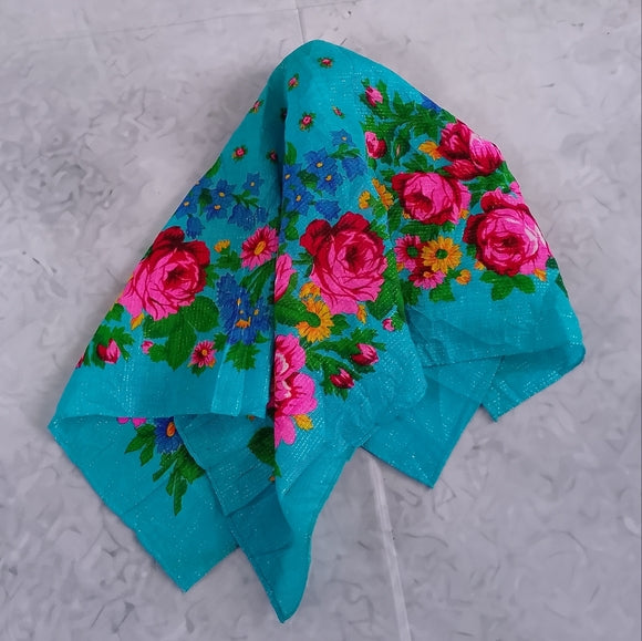 Kokum / Kookum Ukrainian Style Scarf Light Blue Floral Square Scarf Indigenous
