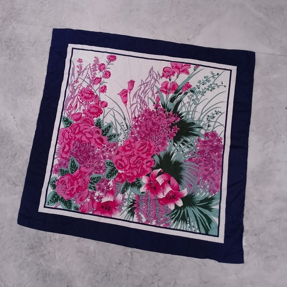 Vintage 70s Abstract Floral Border Stripe Scarf Pink Navy 27” Satin Polyester
