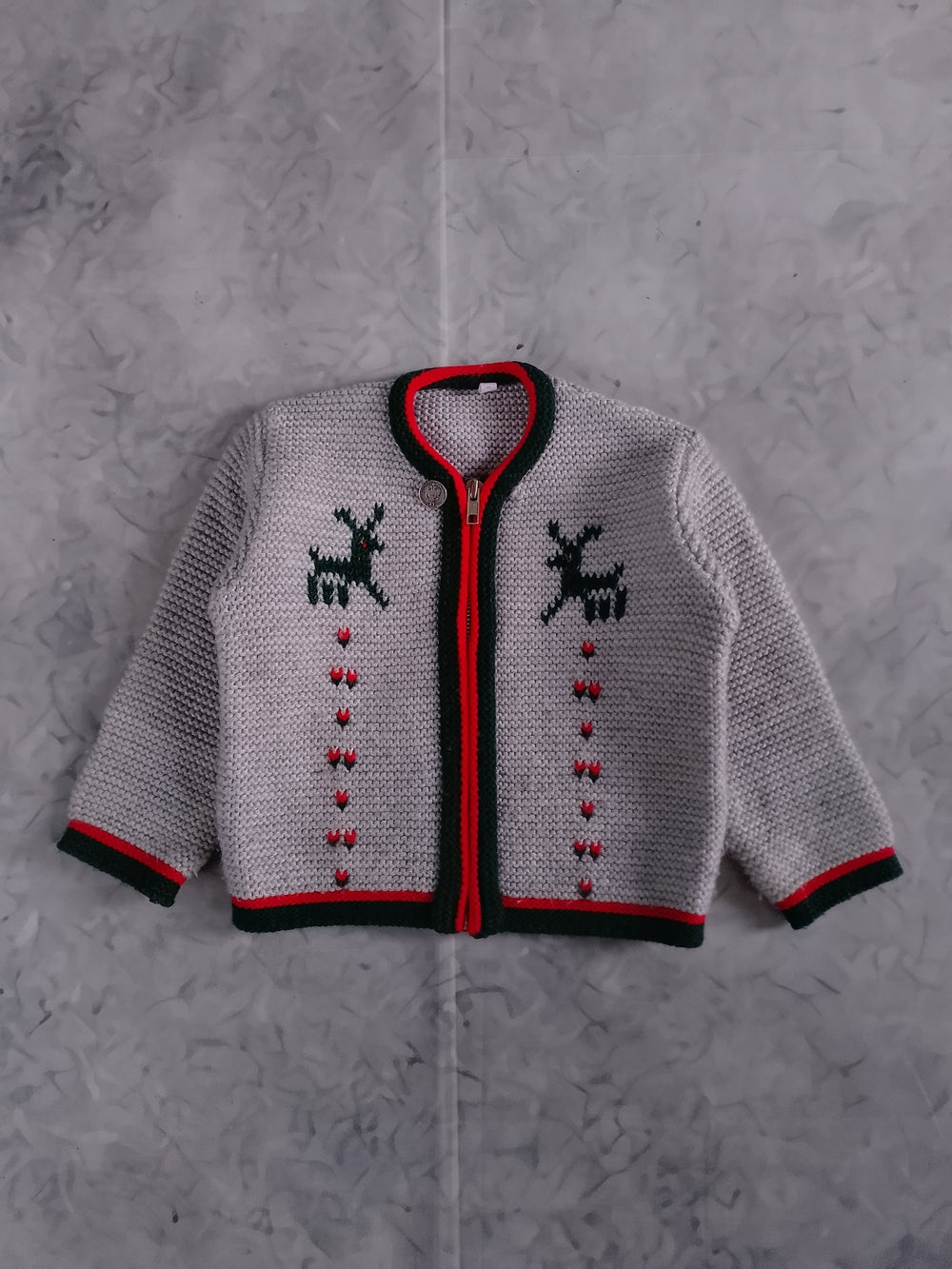 Vintage Green Reindeer & Red Trim Gray Knit Cardigan