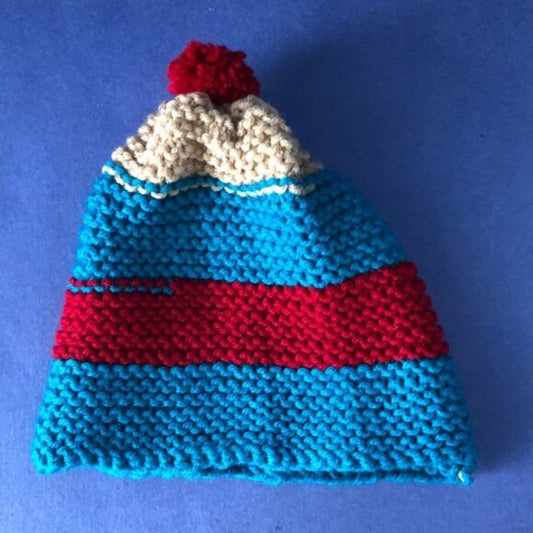 NWOT Vintage Hand-Knitted Made-in-Canada Red & Blue Beanie with Pom Pom