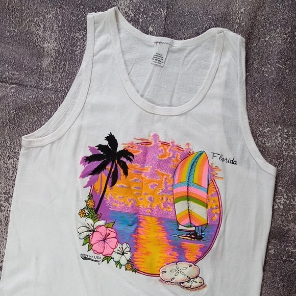 Vintage 90s FLORIDA Waterscape Art Print USA Tank Top 3D Puff