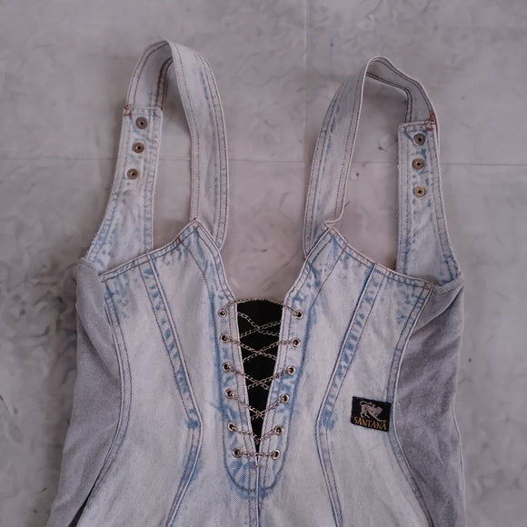 Vintage 90s SANTANA Denim Overalls Shorts Workwear ACID WASH Chain Zipper Detail
