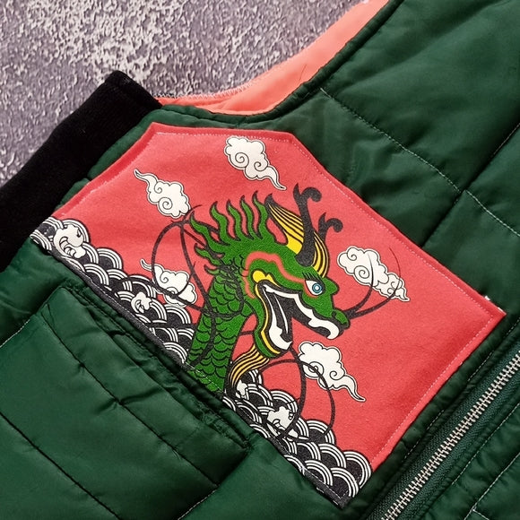 Vintage CUSTOM Green Quilted Vest with Dragon Embroidery